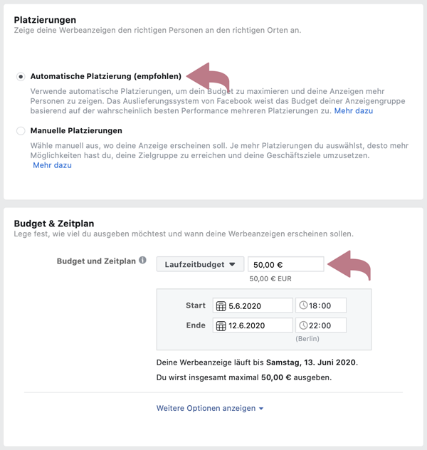 Budget für Facebook-Werbeanzeigen Laufzeitbudget